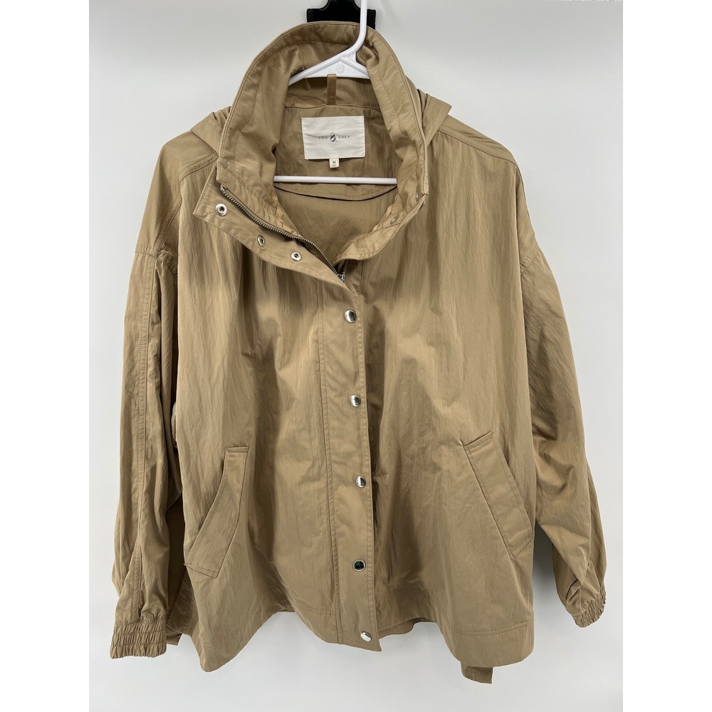 Lou & Grey Women M Windbreaker Jacket Full Zip Tan Hooded Oversized Lightweight